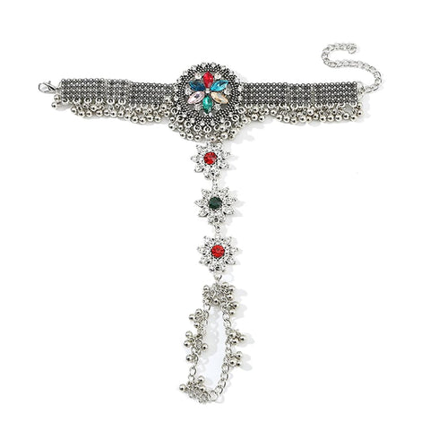 Boho Indian Bollywood Finger Ring Bracelet Crystal Cubic Zirconia Beaded Ball Faux Pearl Link Chain Adjustable Bracelets Rings Vintage Oxidized Personalized Jewelry Gifts for Women Girls Xmas
