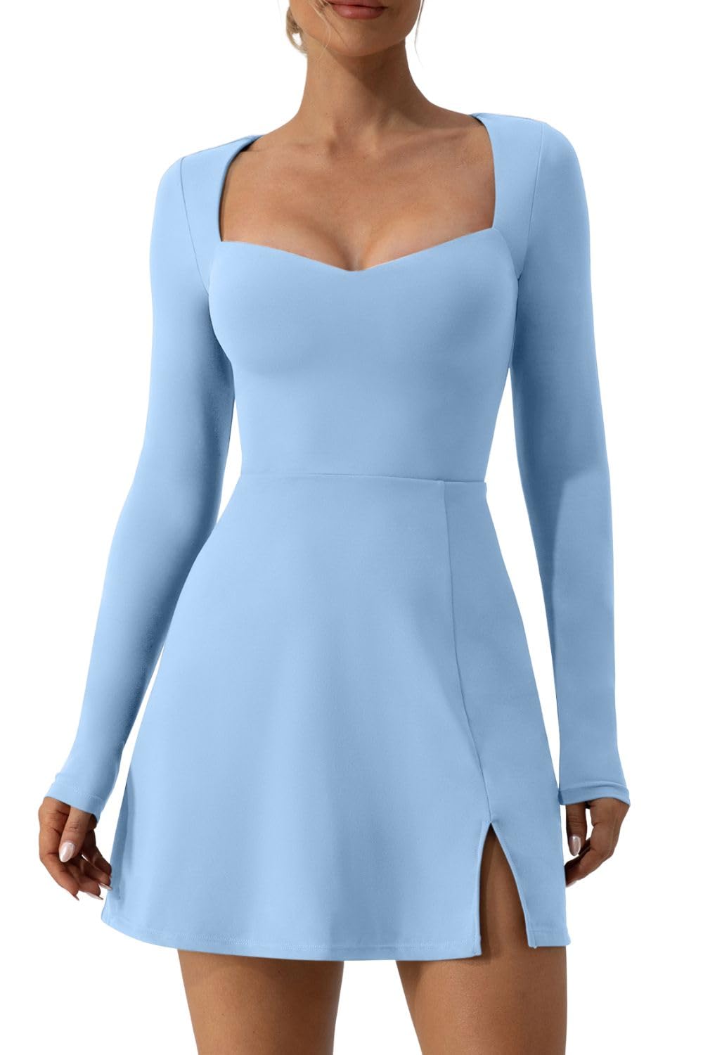 QINSEN Women's Sweetheart Neckline Short Length Mini Dress Long Sleeve Fall Winter Dres Sky Blue M