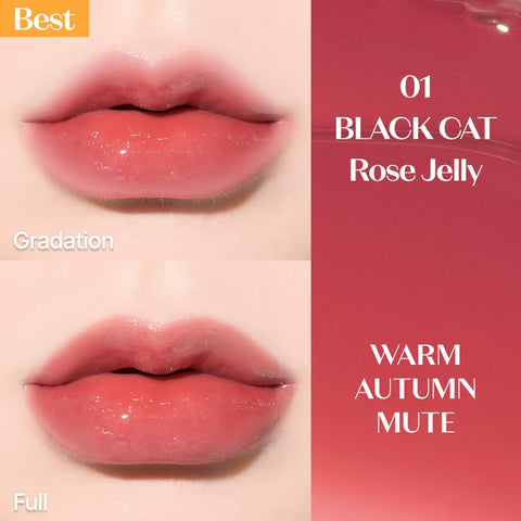 ETUDE Over Glowy Tint #1 BLACK CAT Rose Jelly | Non-Sticky Vegan Lip Tint | Moisturized & Long-lasting Lip Gloss | Daily Tint for Dry Lips K-beauty