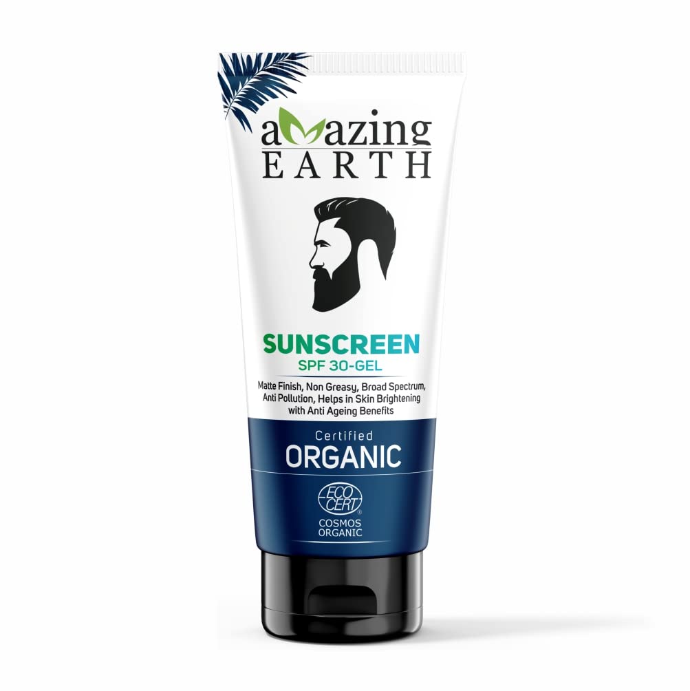 AMAzing EARTH Sunscreen SPF 30 Gel - Certified Organic, Matt Finish, Skin Brightening, Anti-Aging, No Parabens, Vegan & Cruelty Free - 100gm