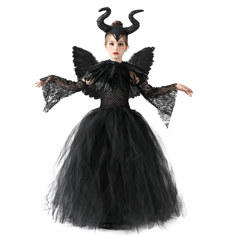Kid Girls Princess Maleficent Costume Fancy Evil Queen Dress Up Handmade Knitted Tulle Dress with Horn and Wings Witch Halloween Carnival Cosplay Party Outfit Black 5pcs 2-3 Ans