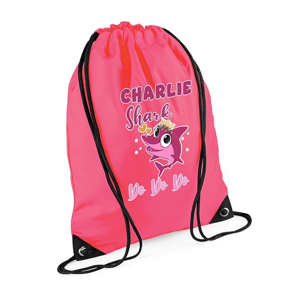Personalised Girl Shark Do Gift for Kids-Girls Birthday Gifta Back To School New Term Toddlers Drawstring Bag, PE Gym Kit, Swimming Rucksack. (Fluorescent Pink)