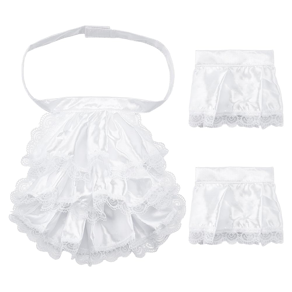 GOMAKERER 1 Set Victorian Lace Jabot Collar and Cuffs, White Colonial Lace Jabot Set Includes 1 Pcs Lace Ruffled Tie Jabot with 2 Pcs Lace Cuffs Set Unisex Costume Accessories