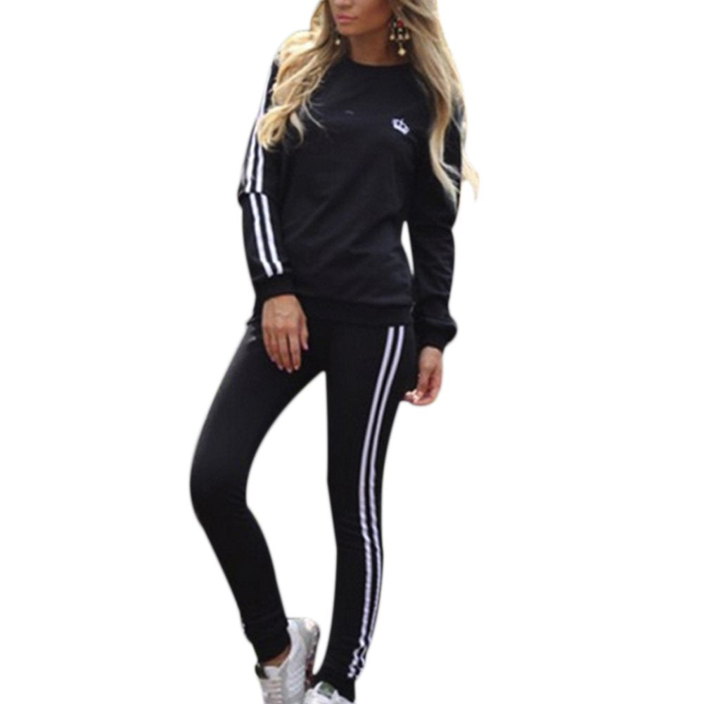 Women Tracksuit Set Long Sleeve Stripe Sweatshirt Hoodies+Pants Sports Suits 2PCS Full Tracksuit 3 Colours Black