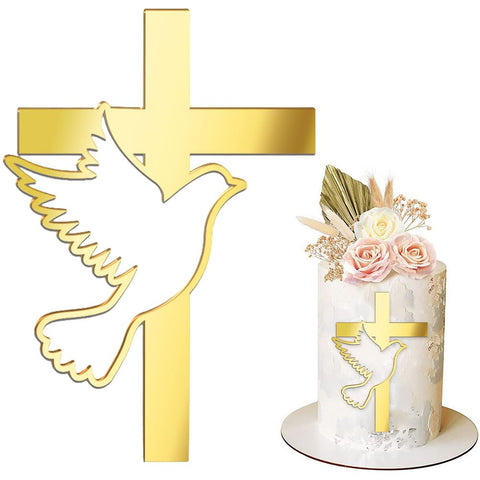 Acrylic Cross Cake Topper, Mirror Christening Cake Decoration Set, Dove Gold Acrylic Cake Topper Decoration, for Wedding, Birthday, Party, Christenings, Showers, Communion Parties