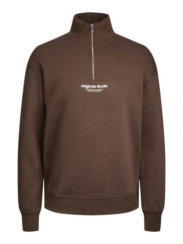 JACK & JONES Men's Jorvesterbro Sweat Quarter Zip Hn Sn Sweater, Chocolate Brown, L