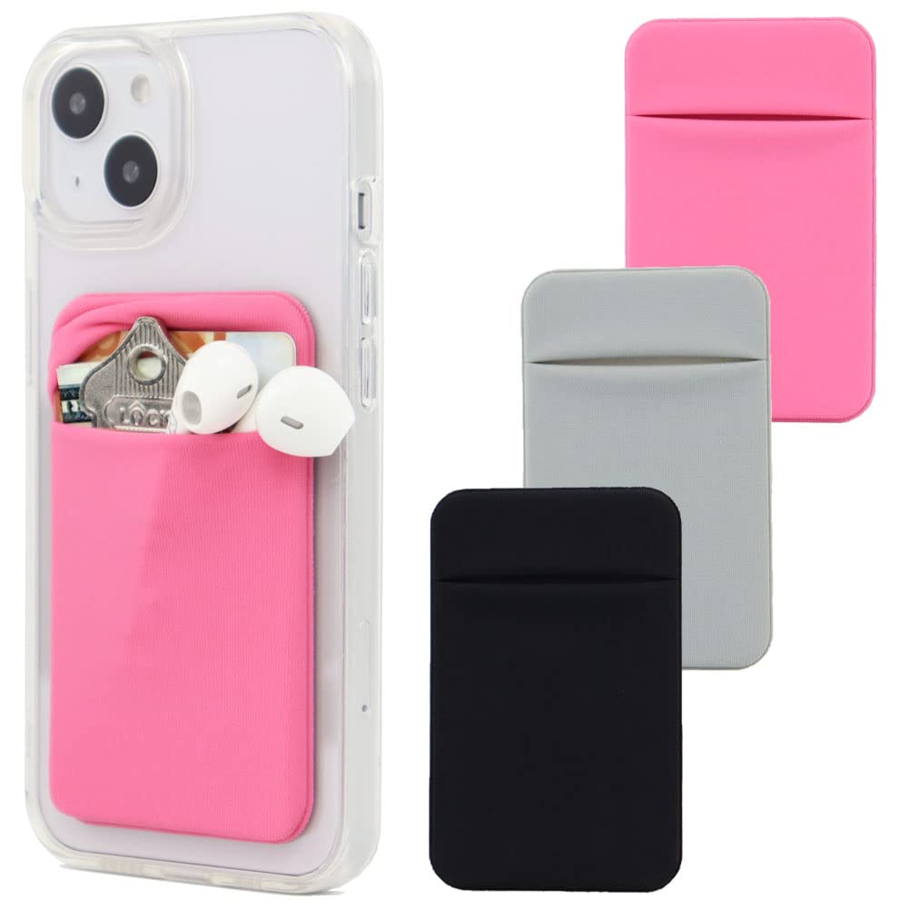 Fulgamo 3Pack Adhesive Phone Pocket,Cell Phone Stick On Card Wallet,Credit Cards/ID Card Holder(Double Secure) with Self Sticker for Back of iPhone,Android and All Smartphones-Black,Grey,Pink