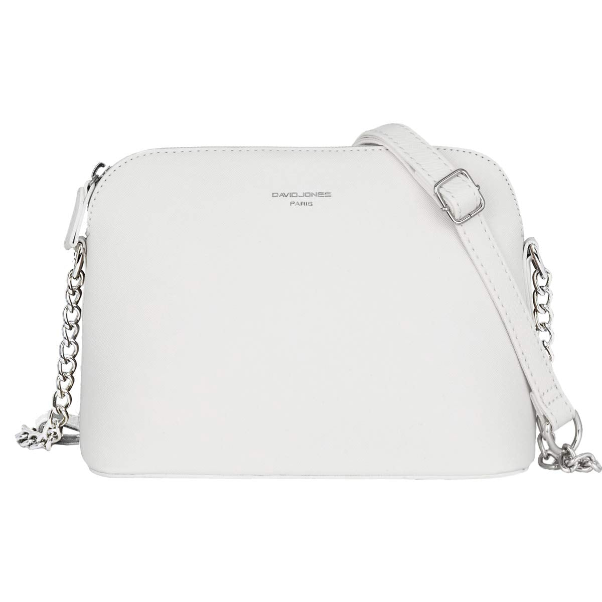David Jones - Womens Small Crossbody Bag - Chain Shoulder Bag - Saffiano PU Faux Leather Rigid Messenger Bag - Evening Party City Clutch - Ladies Zip Handbag - Fashion Elegant Simple - White