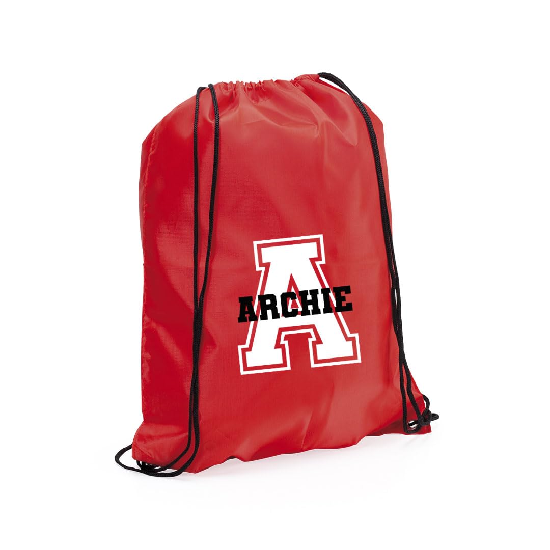 eBuyGB Personalised Initial & Name Bag, Monogrammed Drawstring Bag, Kids Backpack, Gym Rucksack, School Sport Bag, Children's PE Kit (Red)