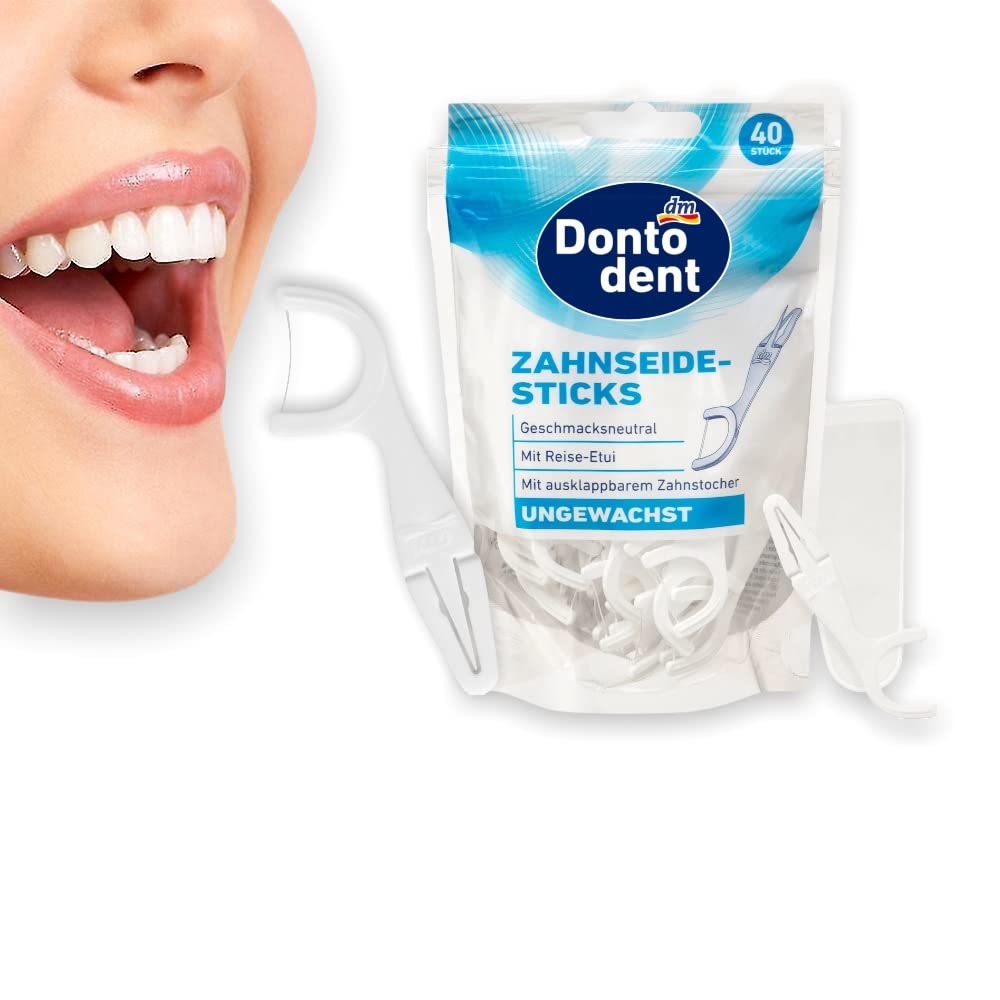 Dontodent Dental Floss Sticks Duo Function: Dental Floss Stick and fold-Out Toothpick ,40 Pieces