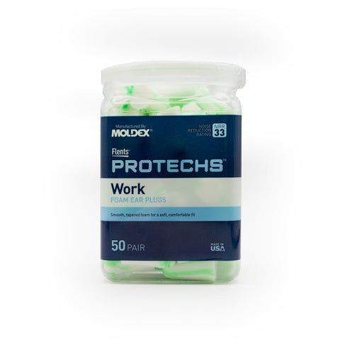 Flents Protechs Foam Ear Plugs for Work, Loud Noise, Heavy Machinery, Construction, Studying & Traveling, NRR 33, Green, Made in The USA, 50 Pair