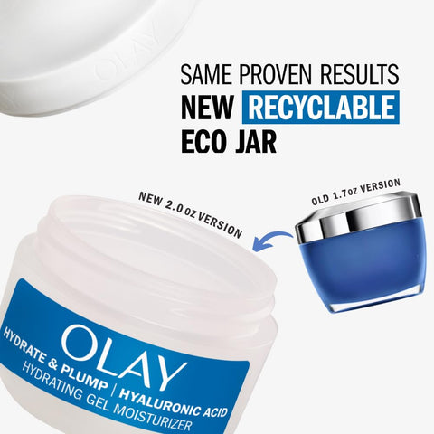 Olay Plump & Hydrate Hyaluronic Gel Face Moisturizer, 2 oz Fragrance Free Hydrating Gel Moisturizer for Dry Skin with Hyaluronic Acid and Niacinamide, Recyclable Eco Jar Packaging