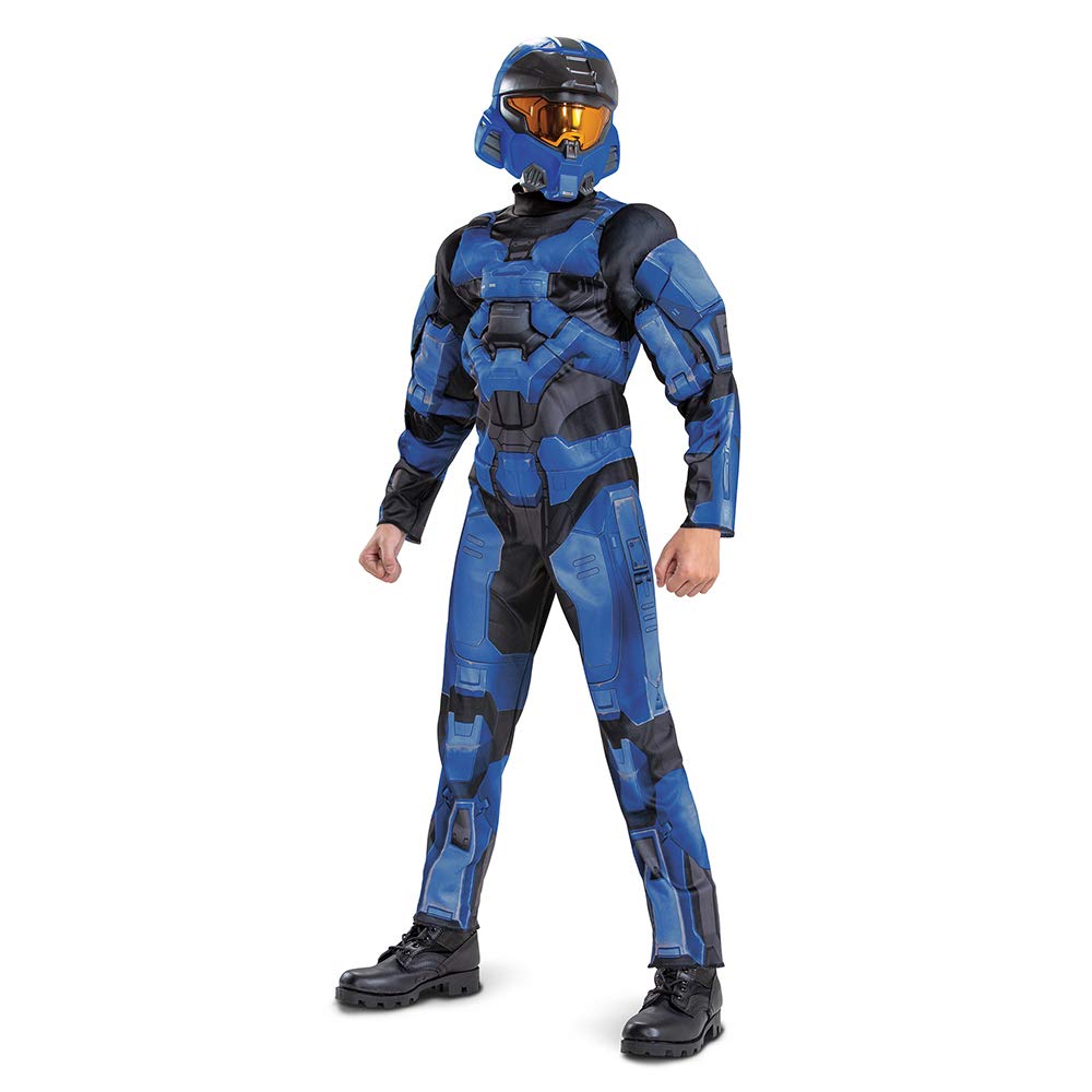 Halo Spartan Costume, Official Halo Blue Full Spartan Armor Muscle Jumpsuit and Mask, Kids Medium (7-8)