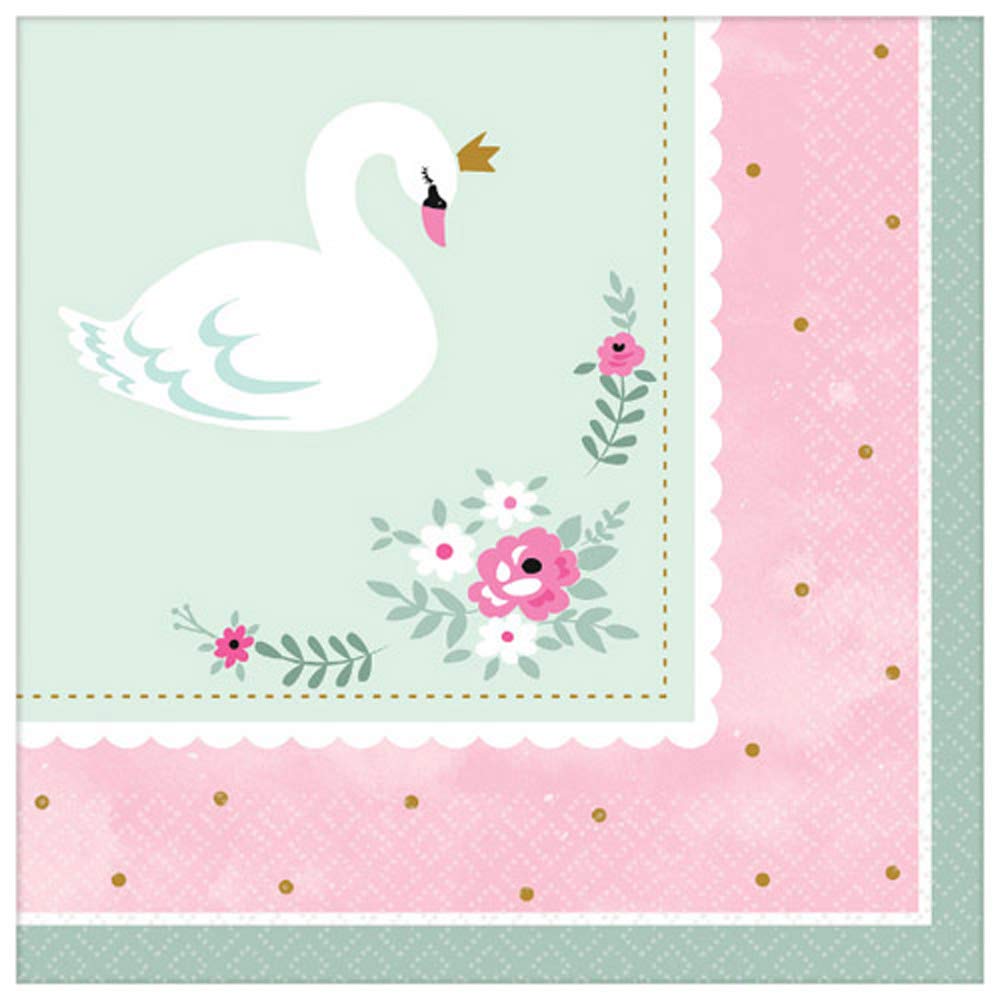 Girl Baby Shower, Swan Luncheon Napkins, 6.5" x 6.5", 16 Ct.