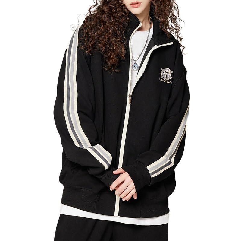 HVDBEYASA Mens Jacket Track Top Men's Cotton Jacket Full Zip Sweat Stand Collar Causal Slim Fit Cotton outhful Sports Campus Coat(Black,XXL)