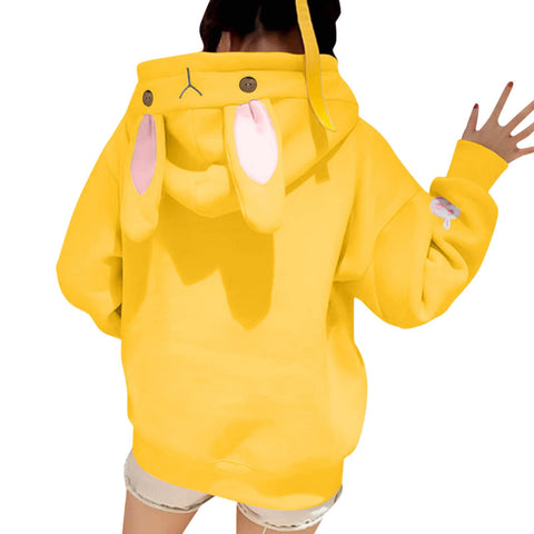 HanzhuoLG Women's Embroidered Cute Rabbit Ear Hoodie Autumn Winter Loose Pocket Hooded Sweatshirt yellow XXL