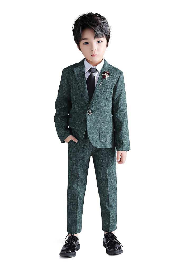 LOLANTA Kids Tweed Check Suit, 2-Piece Boys Wedding Party Outfits Jacket and Trousers, Prom Occasionwear, Green, 6-7 Years, 120