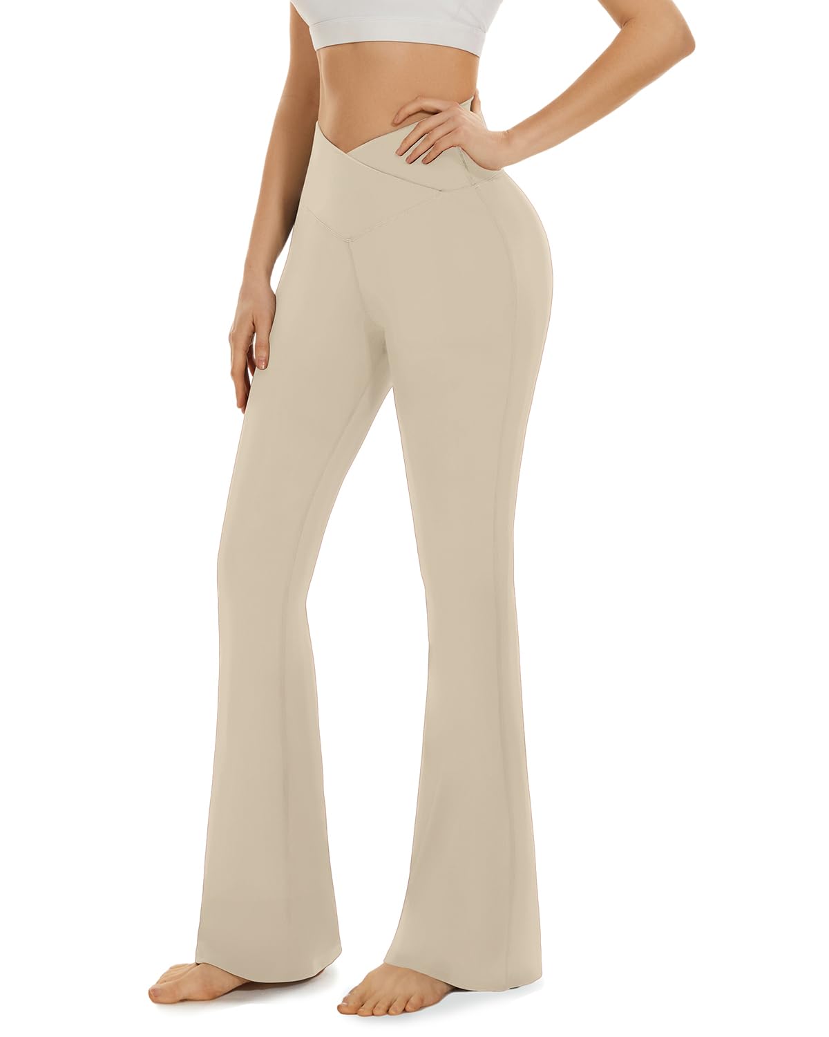 Aoliks Beige Flare Leggings, Crossover Yoga Pants with Tummy Control High-Waisted Wide Leg