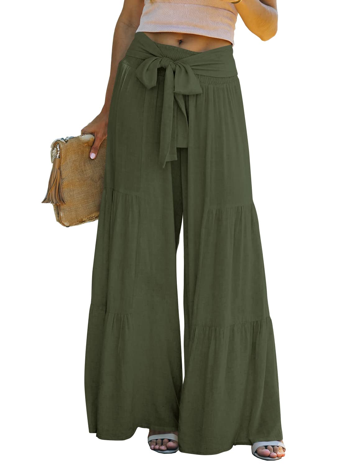 Lafural Women Summer High Waisted Cotton Linen Flare Palazzo Pants Beach Pant Long Bell Bottom Lounge Trousers, Army Green, M