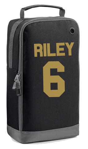 Personalised Name and Number Boot Bag Football Boots Custom Children's Sports Bags Rugby PE Gym Kit Back to School for Girls Kids (Black-Gold)