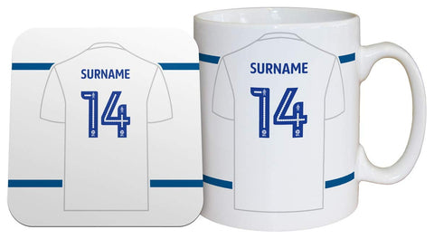 Personalised 'Back of Shirt' 11oz Mug & Coaster Set for Leeds United FC Supporters, Officially Licensed, with Club Colours, Ideal for Whites Fans
