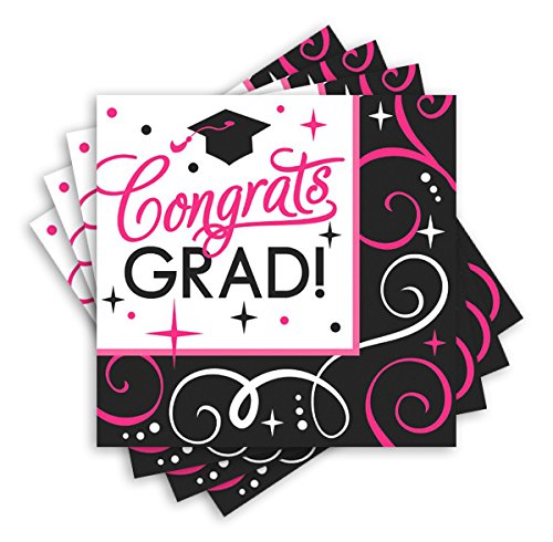 Amscan Sparkling Graduation Party Congrats Grad Beverage Paper Napkins (Pack of 36), Pink/Black, 5" x 5"