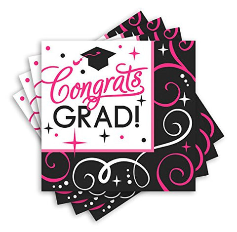 Amscan Sparkling Graduation Party Congrats Grad Beverage Paper Napkins (Pack of 36), Pink/Black, 5" x 5"