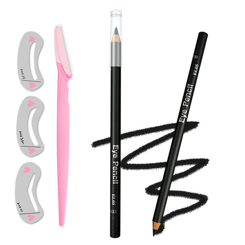 Eyeliner Pencil Set, Waterproof, Easy to Color, Smudge Proof Long Lasting Makeup Eye Liner; [5-in-1] Eyeliner *1; Eyebrow Stencil *3; Eyebrow Razor *1, Black #0111031