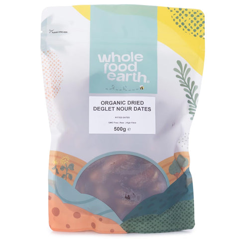 Wholefood Earth Organic Dried Deglet Nour Dates (Pitted) - 500 g | GMO Free | Raw | Vegan | High Fibre | Certified Organic