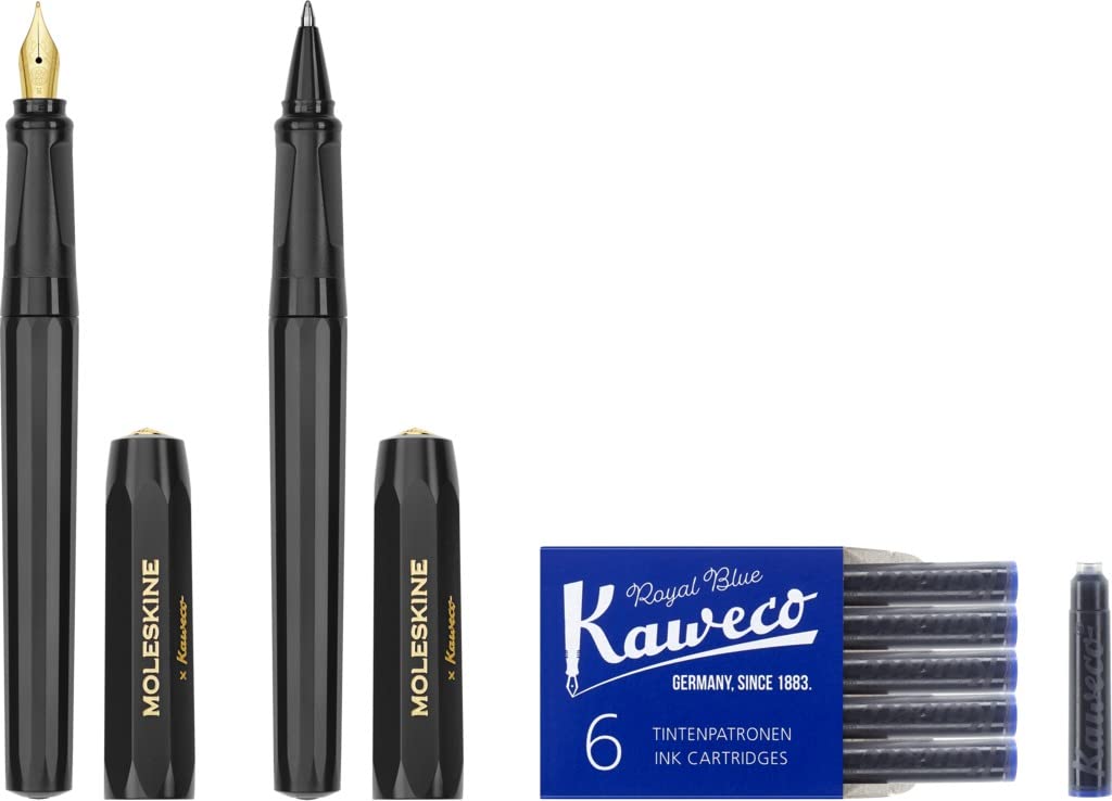 Moleskine x Kaweco Fountain Pen in ABS plastic with Gold-Plated Size M Nib and Refillable Ballpen for Writers, Note-Takers, Refill 1.0mm with Blue Ink and 6 Blue Ink Cartridges included, Color Black
