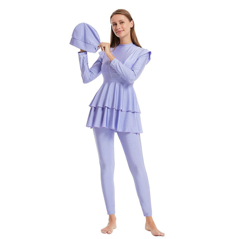 Women Modest Muslim Swimsuits Islamic Arabic Swimwear Burkini Tankini Sets Womens Long Sleeve Top Pants with Hijab Swim Cap Wetsuit Rashguard Surfing Beachwear Bathing Suits Light Purple 3pcs 3XL