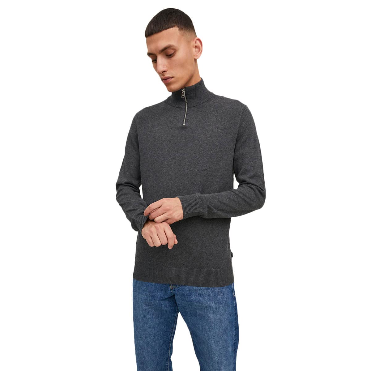 JACK & JONES Mens JJEmil Half Zip Sweater - Dark Grey Melange - L