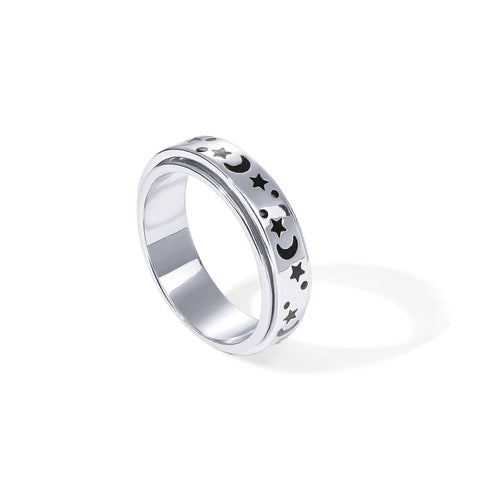 PAVOI Spinning Anxiety Ring (Moon and Star, White Gold, 7)