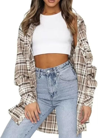 LACOZY Oversized Checked Shirts Womens Casual Buffalo Plaid Blouse Button Down Lightweight Cardigans Tops Apricot Small