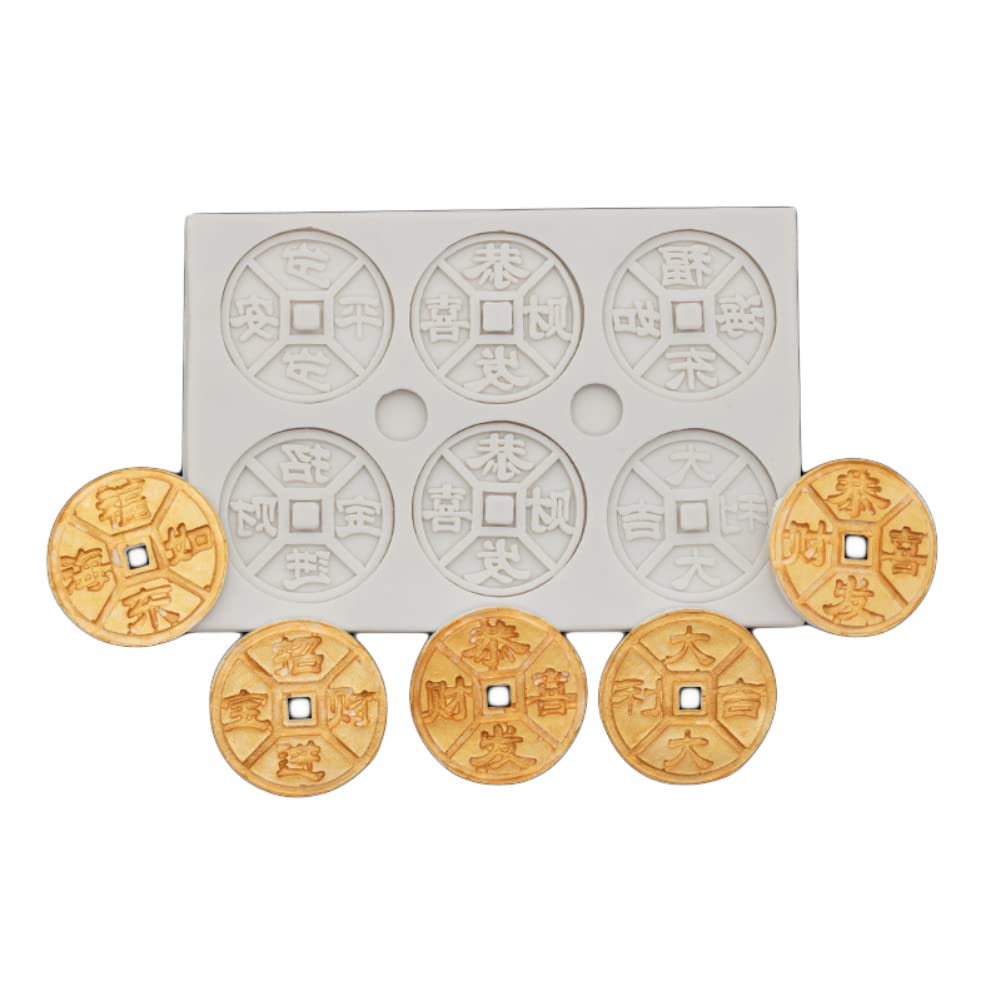 DUBENS Happy New Year Greetings Chinese New Year: Copper Coin Silicone Mold for Fondant Cake Decorating and DIY Glue Clay Supplies