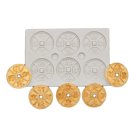DUBENS Happy New Year Greetings Chinese New Year: Copper Coin Silicone Mold for Fondant Cake Decorating and DIY Glue Clay Supplies
