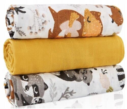 BABYMAM Baby Muslin Nappies Cloth Diaper Cotton 3-Pack Colourful 70x70cm Raccoon