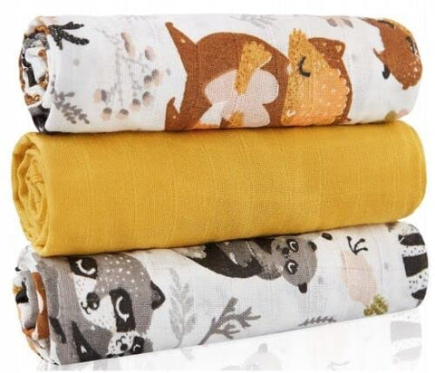 BABYMAM Baby Muslin Nappies Cloth Diaper Cotton 3-Pack Colourful 70x70cm Raccoon