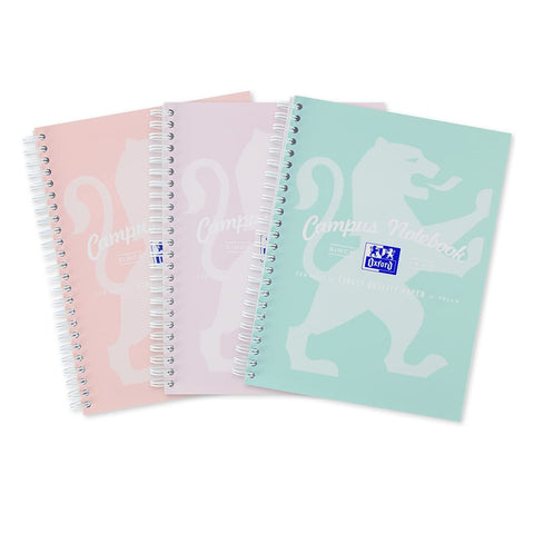 Oxford Campus A5 Notebook, Wirebound, Lined, 140 pages, Assorted Pastel Colours, Pack of 3, Thick White Optik+ Paper