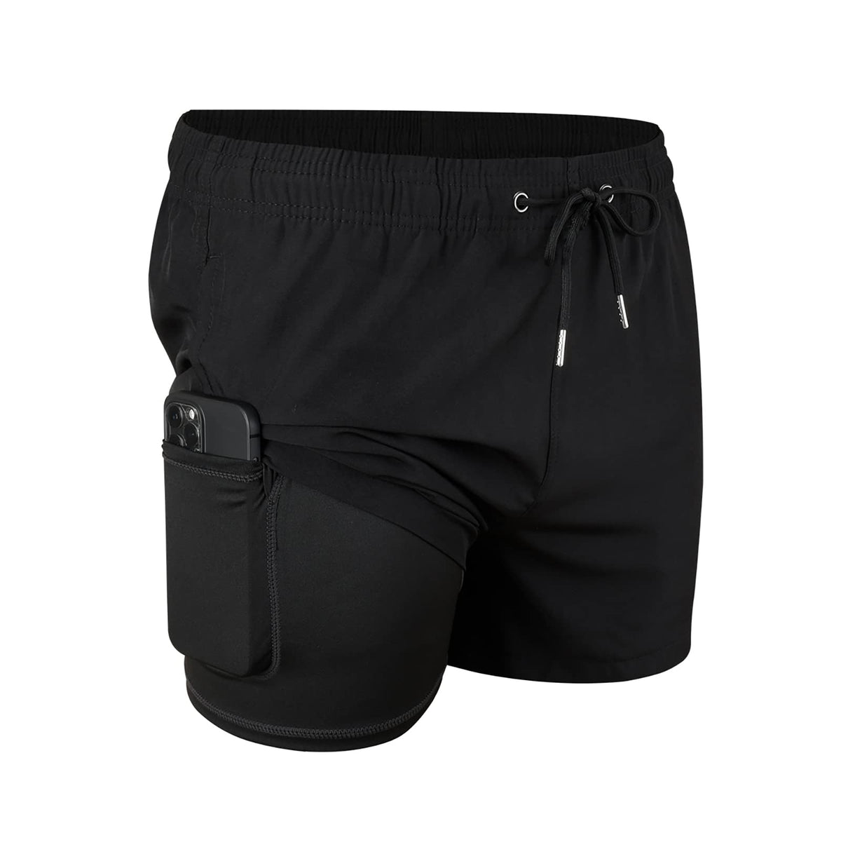 MADHERO Mens Swim Trunks with Compression Liner 2 in 1 Quick Dry Swimming Shorts Swimwear, Black, L