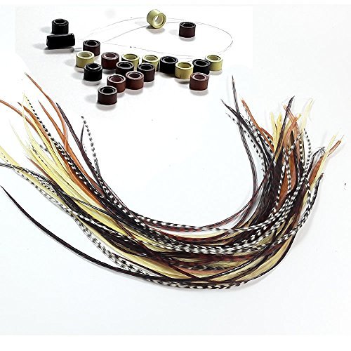 Feather Hair Extensions, 100% Real Rooster Feathers, Long Natural Colors, 20 Feathers with 20 Micro Beads and 1 Loop Tool Kit By Sexy Sparkles