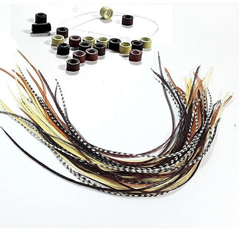 Feather Hair Extensions, 100% Real Rooster Feathers, Long Natural Colors, 20 Feathers with 20 Micro Beads and 1 Loop Tool Kit By Sexy Sparkles