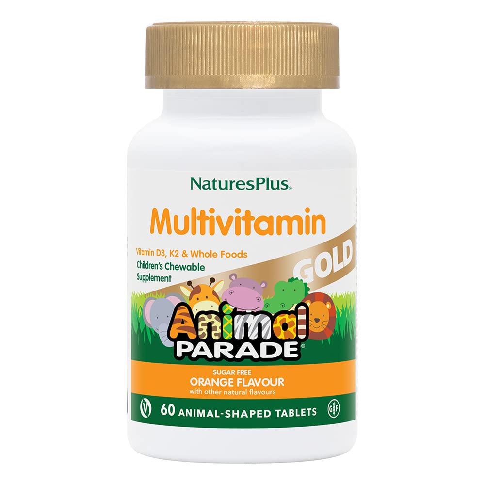 NaturesPlus Animal Parade Gold Children’s Multivitamin - Fun Animal Shaped Chewable Multi for Kids - All Natural, Orange Flavour - Vegan, Gluten Free - 60 Chewable Tablets