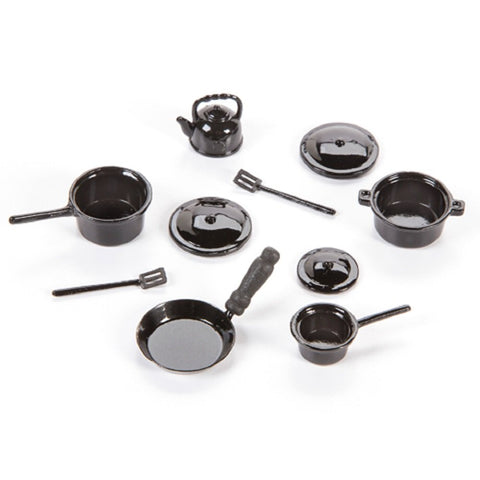 Dollhouse Miniature Metal Pots and Pans, Black, 10 Piece
