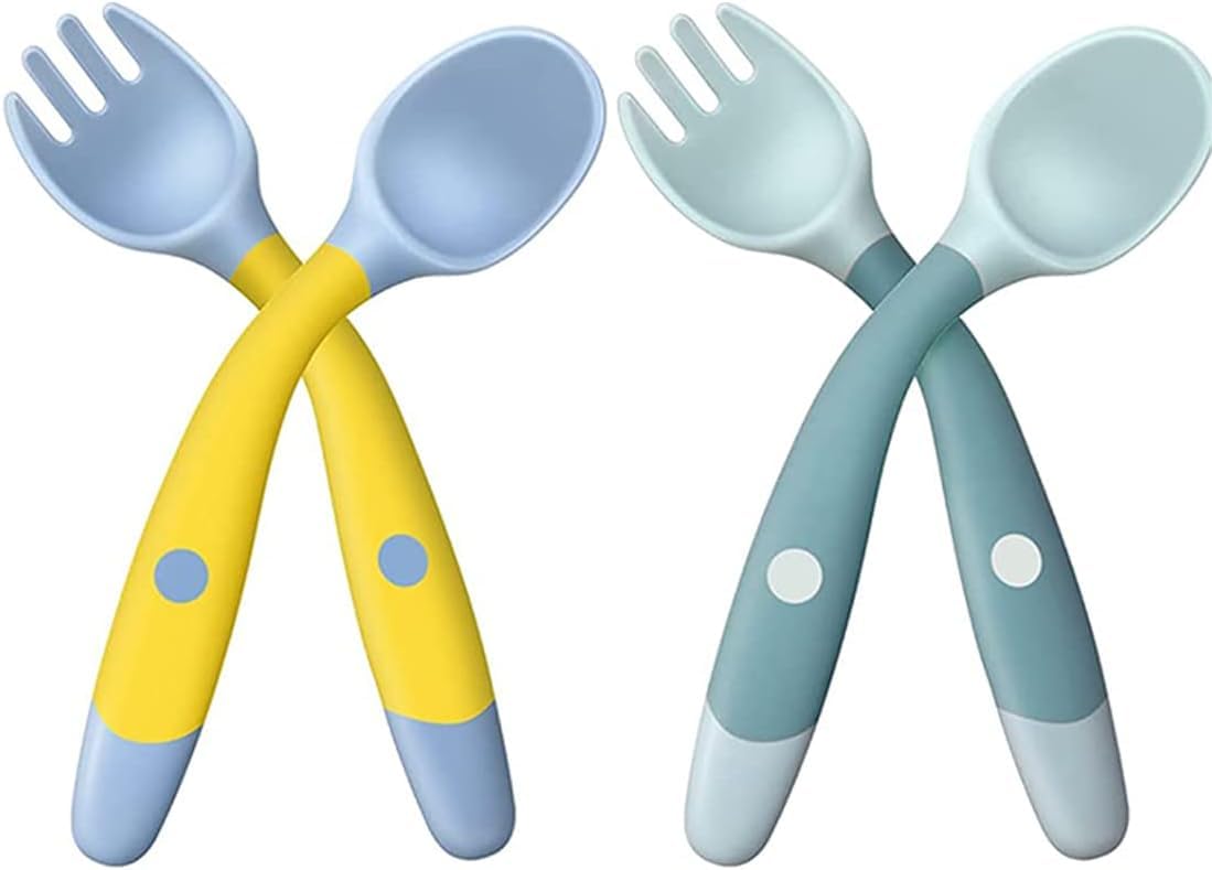 ZKSXOA Baby Fork and Spoon Set, 2 Pairs, Kid Cutlery, 360ÃƒÆ’Ã†â€™ÃƒÂ¢Ã¢â€šÂ¬Ã…Â¡ÃƒÆ’Ã¢â‚¬Å¡Ãƒâ€šÃ‚Â° Bendable Weaning Spoons, Silicone Baby Learning Spoons, Self-Feeding Weaning Spoons For Infant Toddler Children Kids(Blue and Yellow)