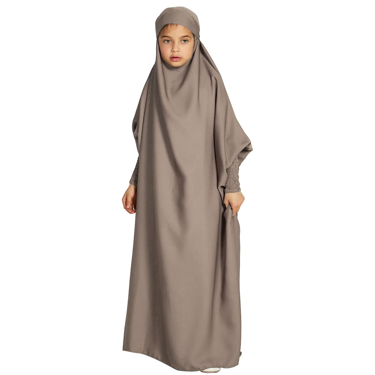 Ramadan Muslim Dress For Kids Girls Abayas Arabic Dress For Girl Muslim Prayer Robes Long Sleeve Hijab Dress Floor Length Kaftan Jilbab Arabian Islamic Muslim Girls Eid Dresses Gray Kids 12-13 Years