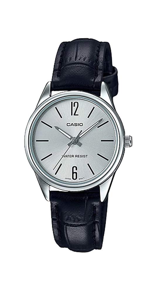Casio LTP-V005L-7B Women's Standard Analog Black Leather Band Silver Dial Watch