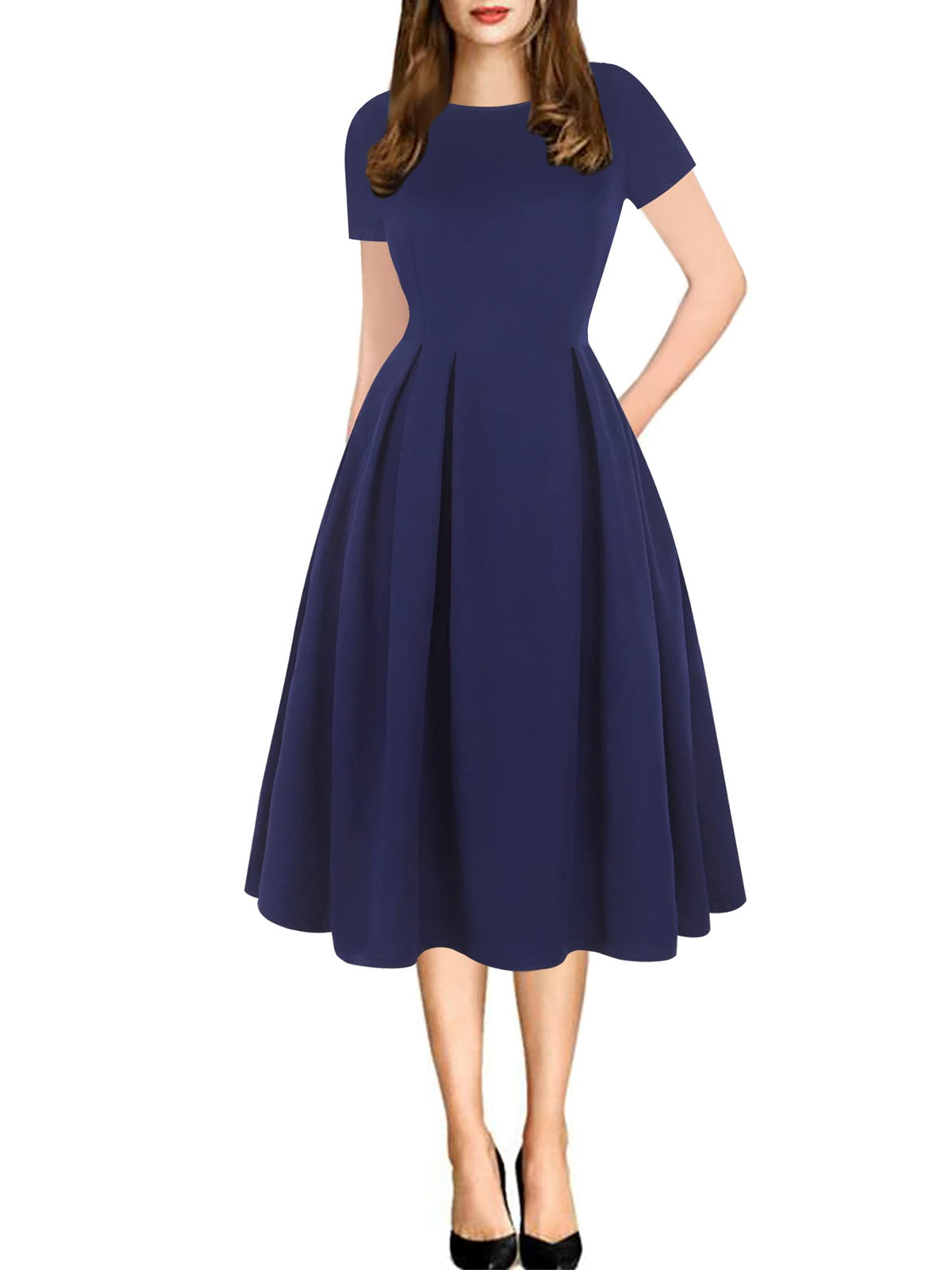 oxiuly Women's Vintage Party Cocktail Dress Elegant Swing Casual Work Dresses with Pockets OX165 (Navy Blue, xx_l)