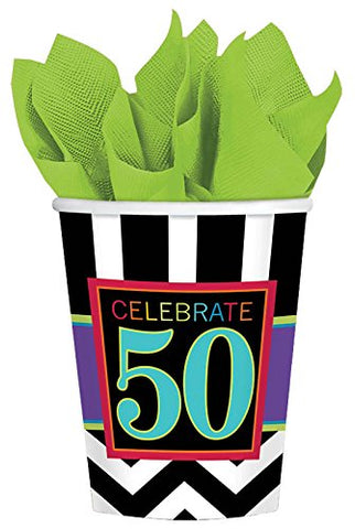 Must-Have Chevron and Stripes 50th Birthday Party Paper Cups Tableware, Pack of 8, Multi , 9 Ounces, Paper