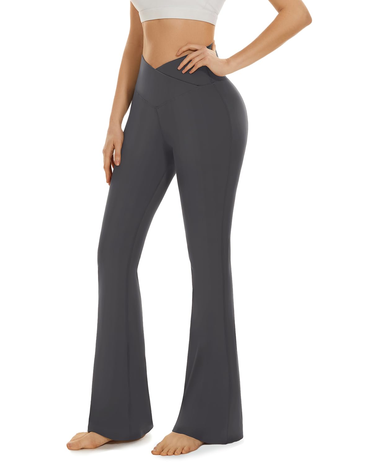 Aoliks Gray Flare Leggings for Women, Crossover Scrunch Butt Wide Leg Yoga Pants for Workout Casual